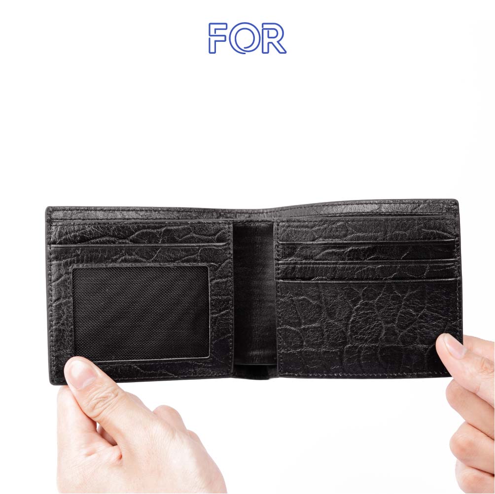 VÍ MỀM DA BÒ VÂN DA VOI MÀU ĐEN CÓ KHÓA V75D-N