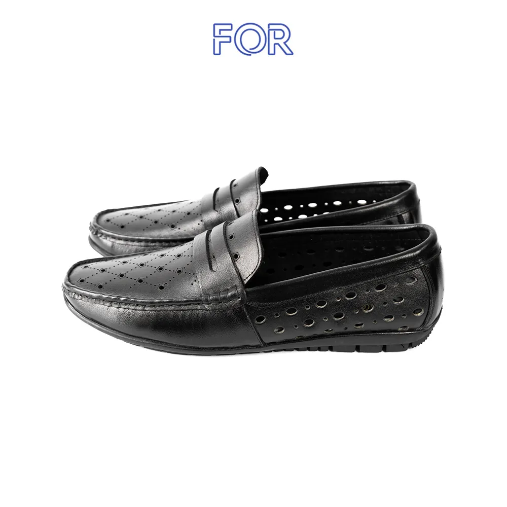 GIÀY LƯỜI MOCCASIN DA BÒ MÀU ĐEN HỌA TIẾT SAO LỖ THOÁNG MF06