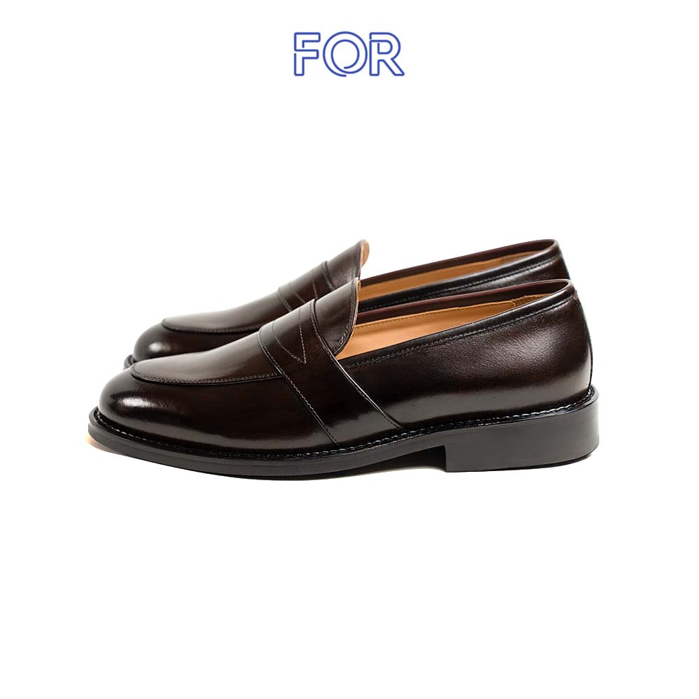 Giày Penny Loafers da bò màu nâu Patina phom mũi tròn PLF10