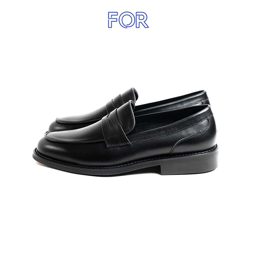 Giày Penny Loafers da bò màu đen phom mũi tròn PLF15
