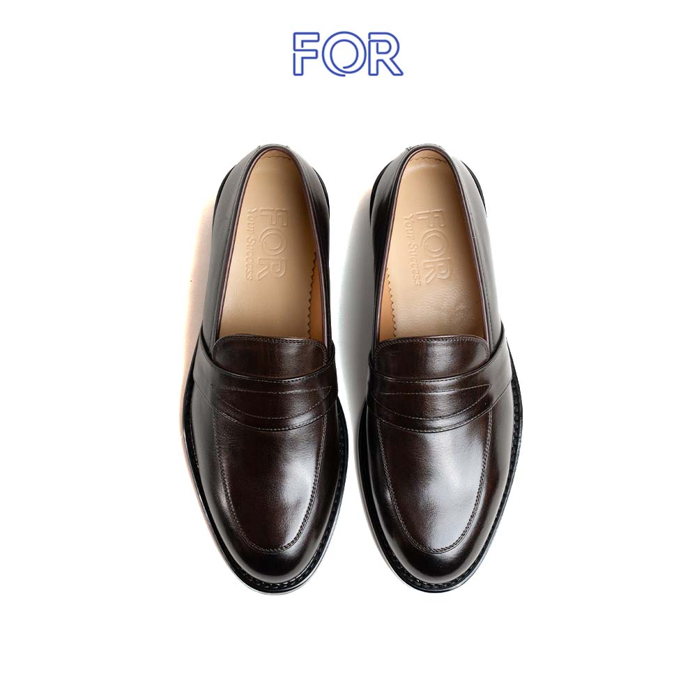 Giày Penny Loafers da bò màu nâu Patina phom mũi tròn PLF10