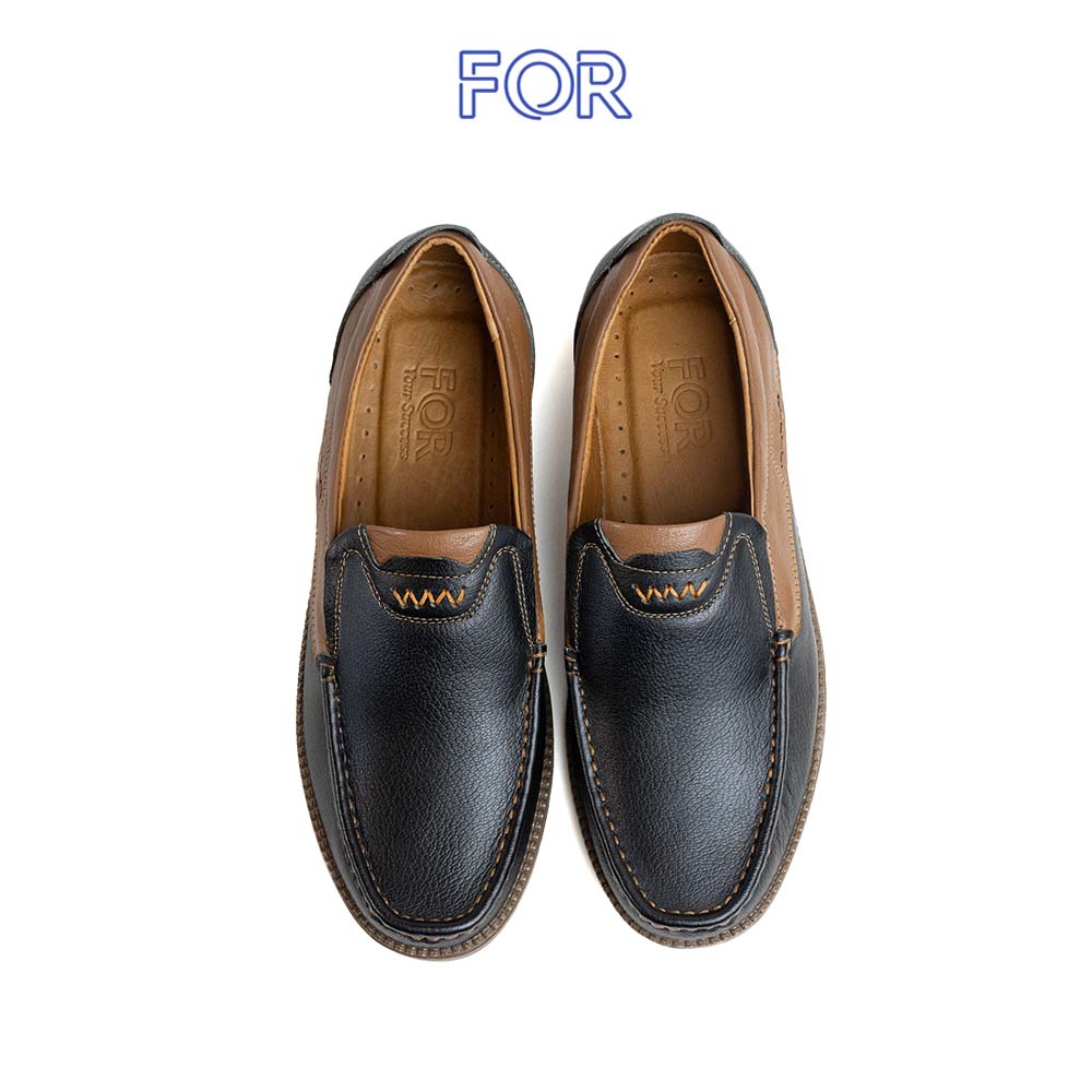 Giày lười FOR da bò màu đen phối đế nâu F01