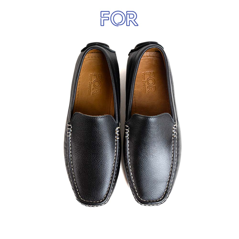 Giày lười Basic Moccasin da bò màu đen viền chỉ trắng MF07