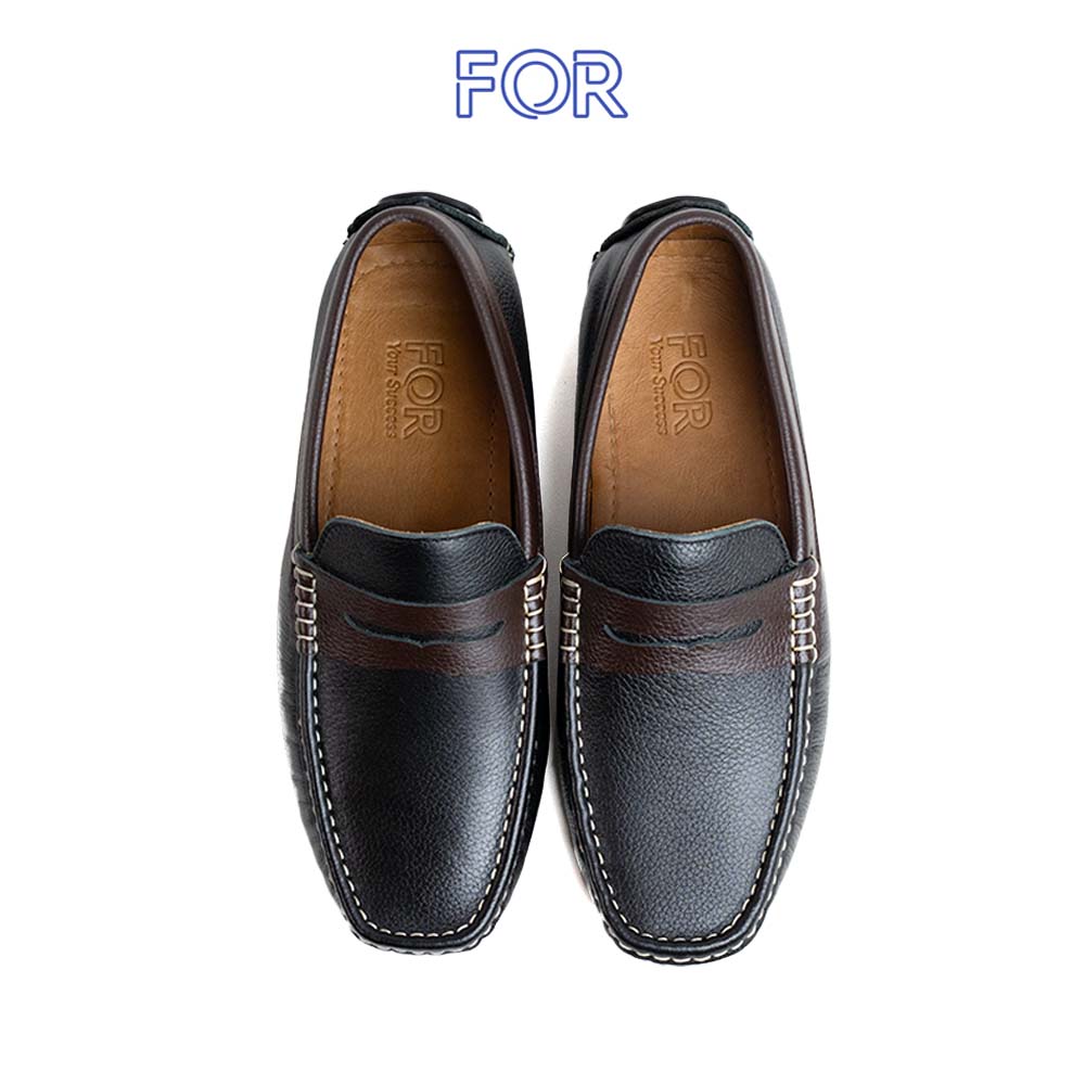 Giày lười Moccasin da bò Mill đai da màu nâu viên chỉ trắng MF01